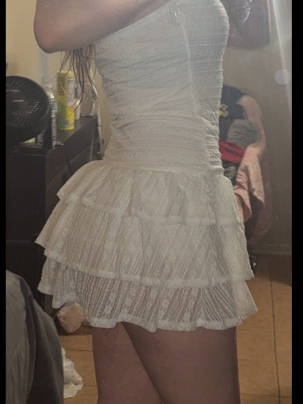 Women's S White Tiered Ruffle Strapless Mini Dress